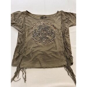 Affliction Boho Grunge Fringe Moto Biker Western Core Fleur De Lis Graphic Top S